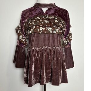 POL Purple Velvet Boho Bell Sleeve Top S Babydoll Tiered Ruffle Dark Romantic